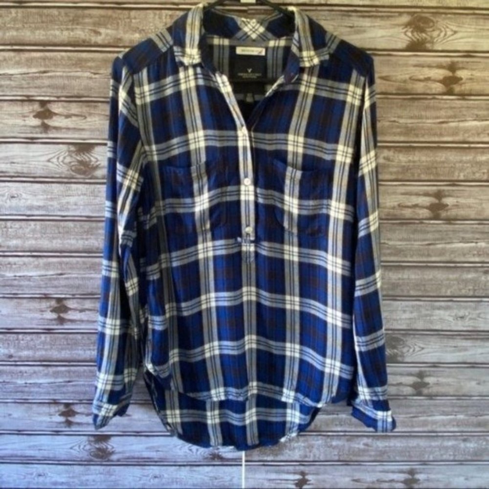 American Eagle Women's Boyfriend Fit Popover Long-Sleeved Top Size XS Plaid